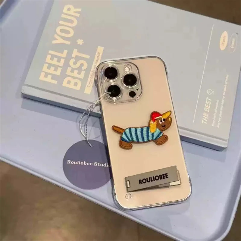 Cute Cartoon Embroidery Transparent Metal Holder Case For iPhone