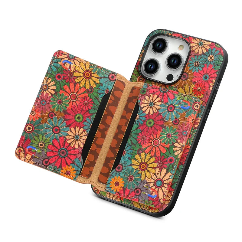 Floral Totem Cork Card Holder Case For iPhone
