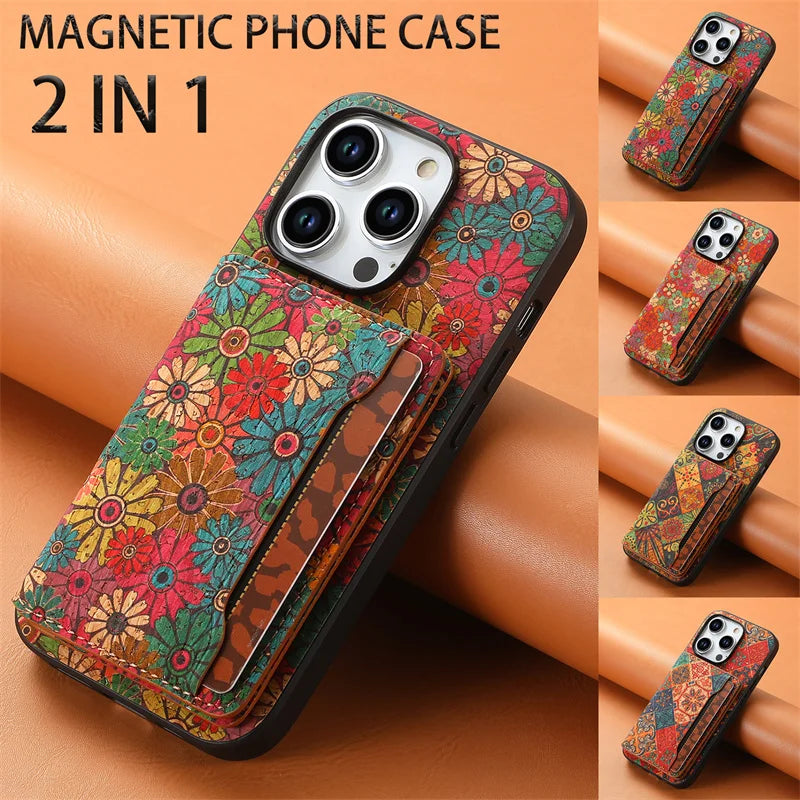 Floral Totem Cork Card Holder Case For iPhone