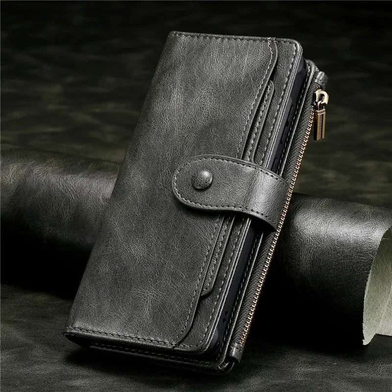 Detachable Magnetic Flip Zipper Wallet Leather Case for iPhone