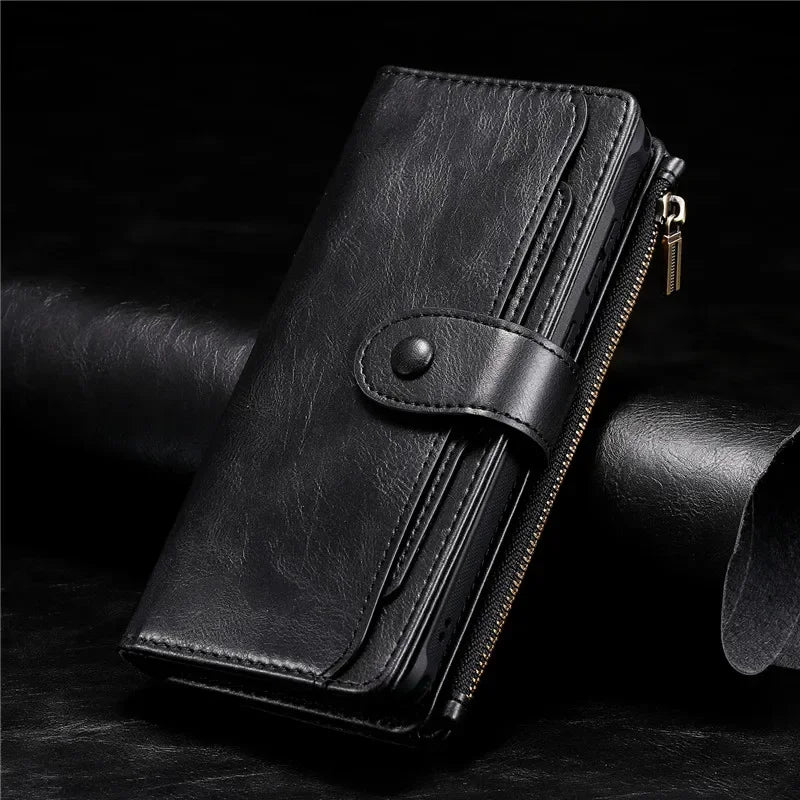Detachable Magnetic Flip Zipper Wallet Leather Case for iPhone