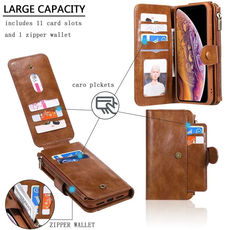 Detachable Magnetic Flip Zipper Wallet Leather Case for iPhone