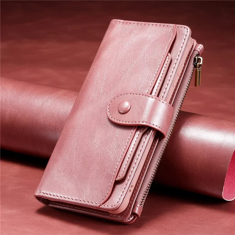 Detachable Magnetic Flip Zipper Wallet Leather Case for iPhone