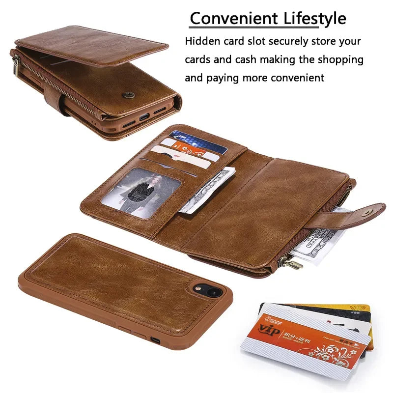 Detachable Magnetic Flip Zipper Wallet Leather Case for iPhone
