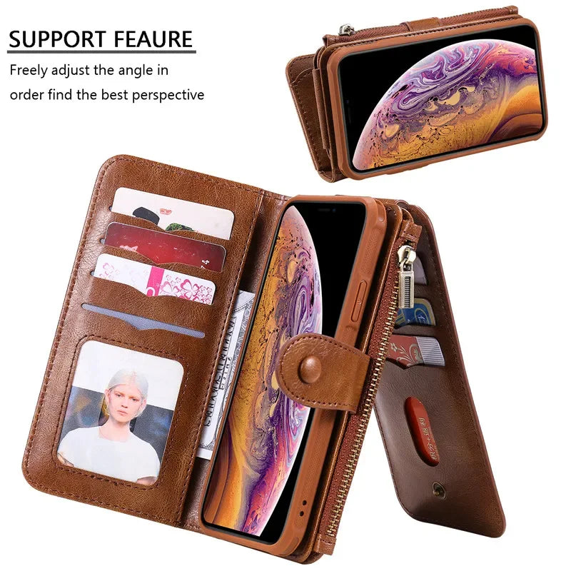 Detachable Magnetic Flip Zipper Wallet Leather Case for iPhone
