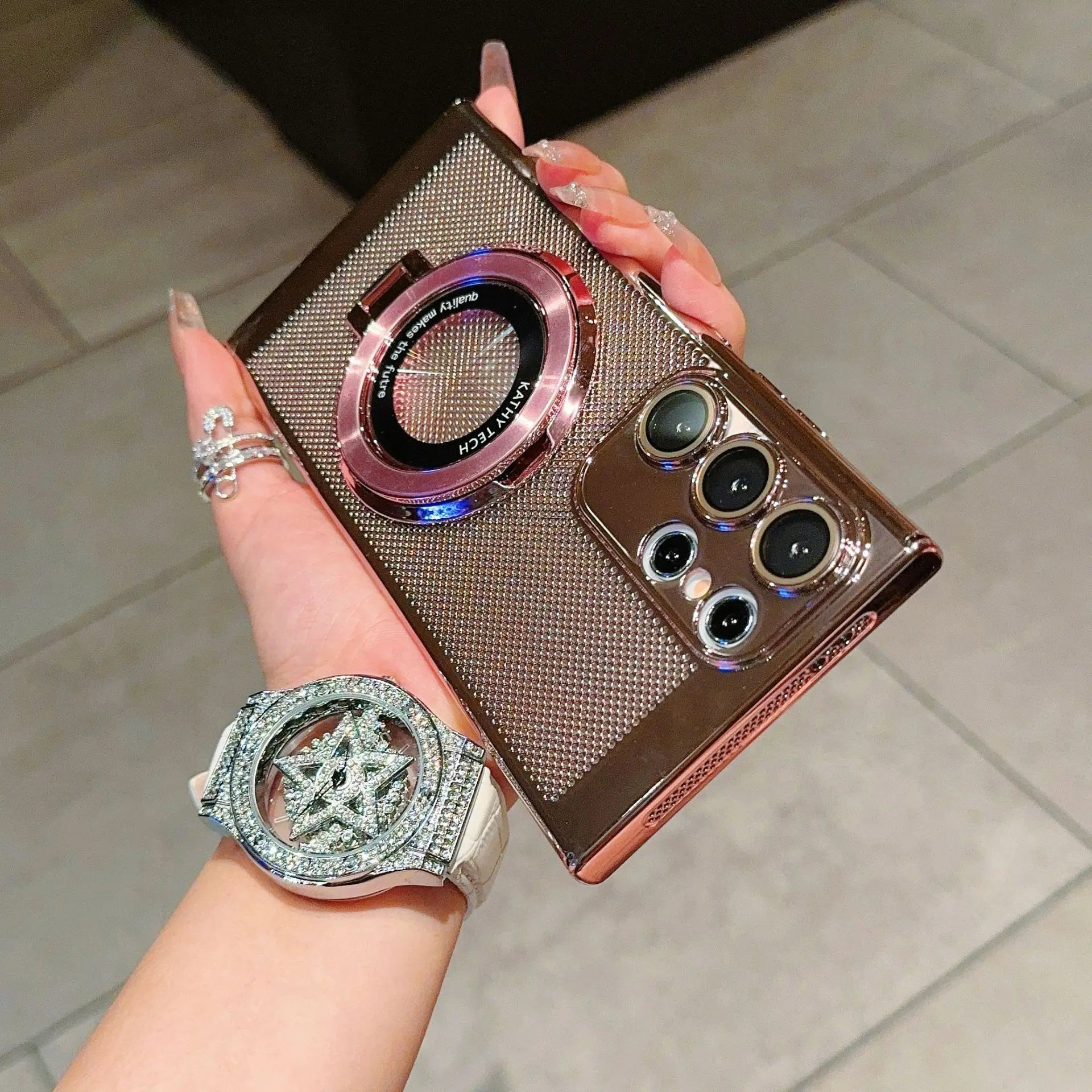 Heat Dissipate Stand Lens Film Anti-fall Electroplated Case for Samsung