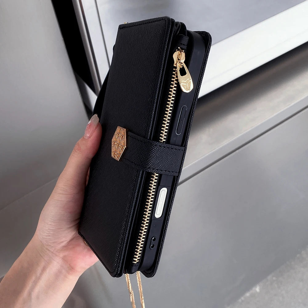 Fashion Flip Card Slots Leather Wallet Case for iPhone With Metal Strap