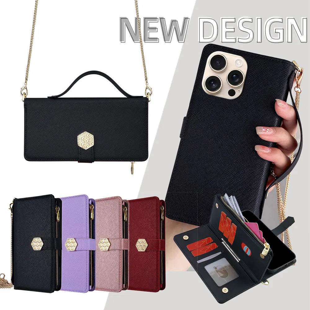 Fashion Flip Card Slots Leather Wallet Case for iPhone With Metal Strap