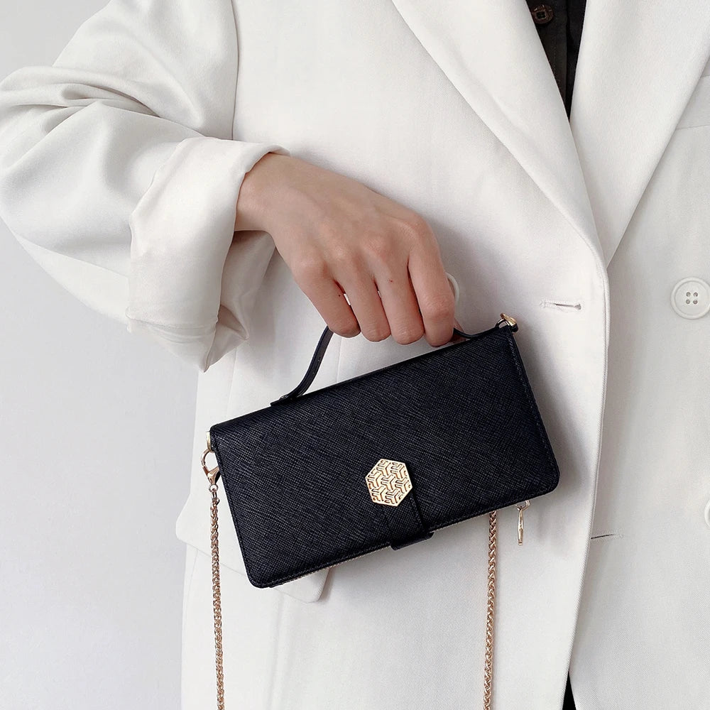 Fashion Flip Card Slots Leather Wallet Case for iPhone With Metal Strap