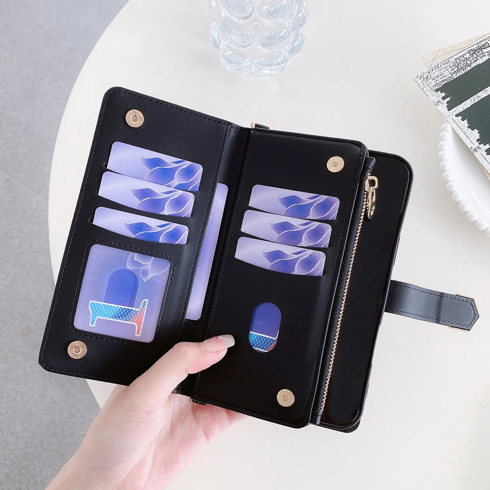 Fashion Flip Card Slots Leather Wallet Case for iPhone With Metal Strap