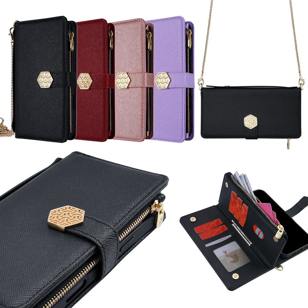 Fashion Flip Card Slots Leather Wallet Case for iPhone With Metal Strap