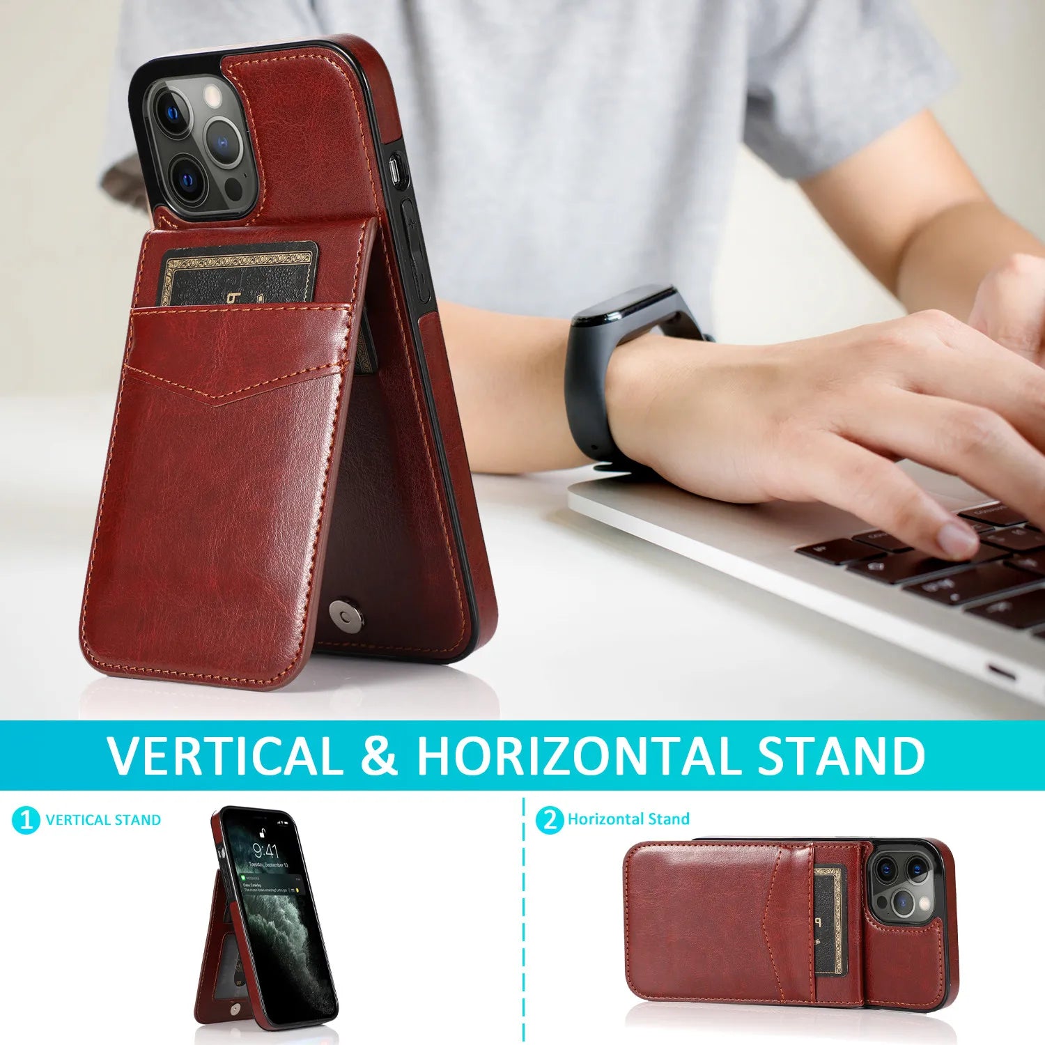 Wallet  with Credit Card Holder Kickstand Flip Leather Cover for IPhone