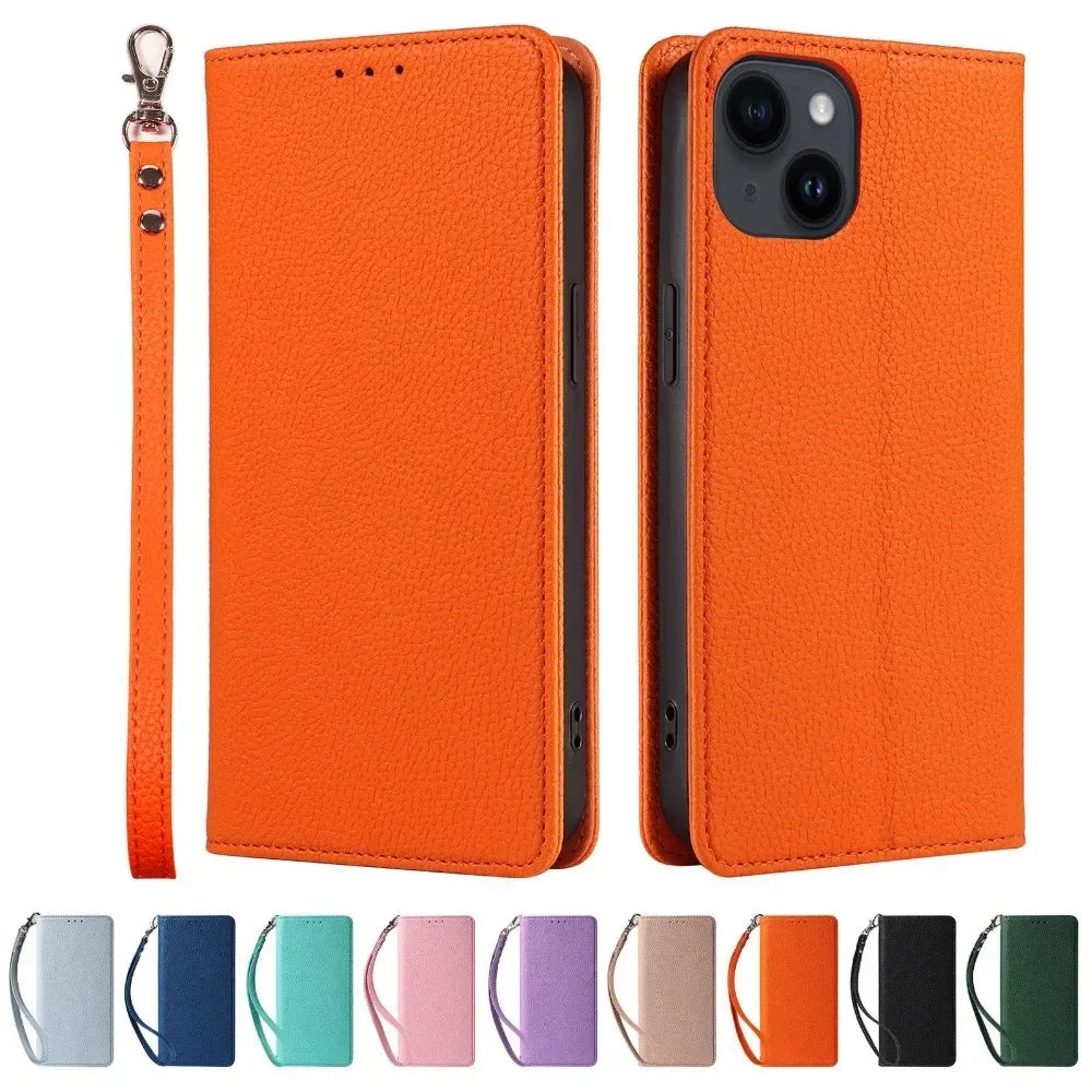 Flip Wrist Strap Card Slot Holder Leather Case for iPhone