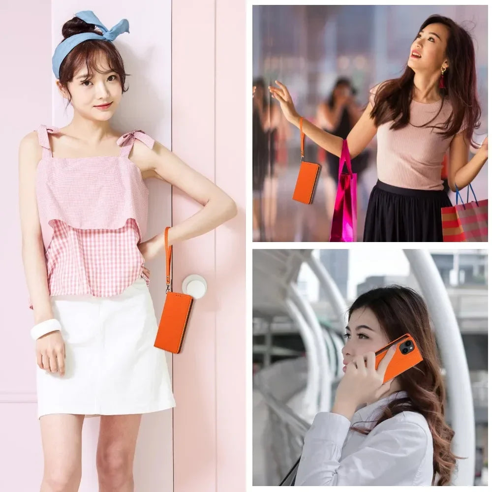 Flip Wrist Strap Card Slot Holder Leather Case for iPhone