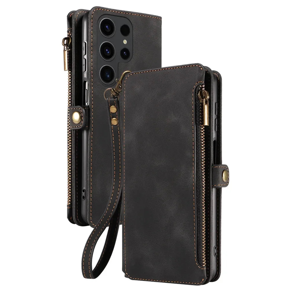 Flip Zip Leather Wallet Case for Samsung