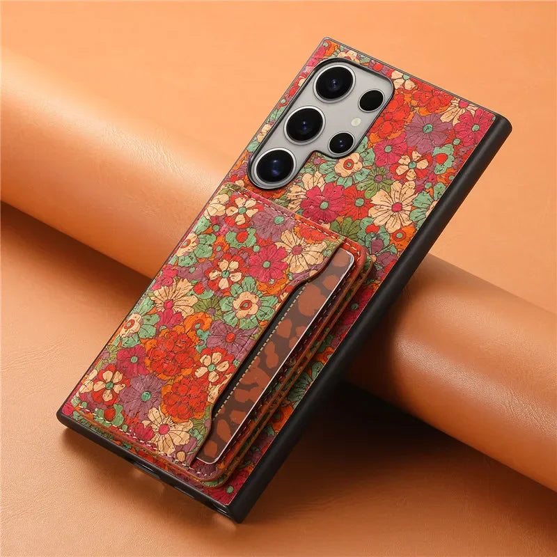 Flower Figure Leather Magnetic Wallet Case For Samsung