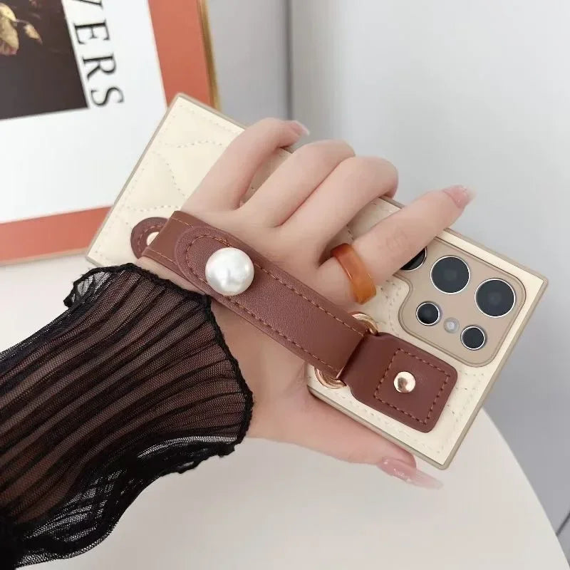 Camera Protection Leather Pearl Wristband Case For Samsung