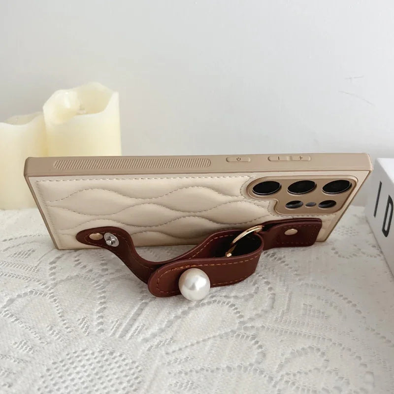 Camera Protection Leather Pearl Wristband Case For Samsung