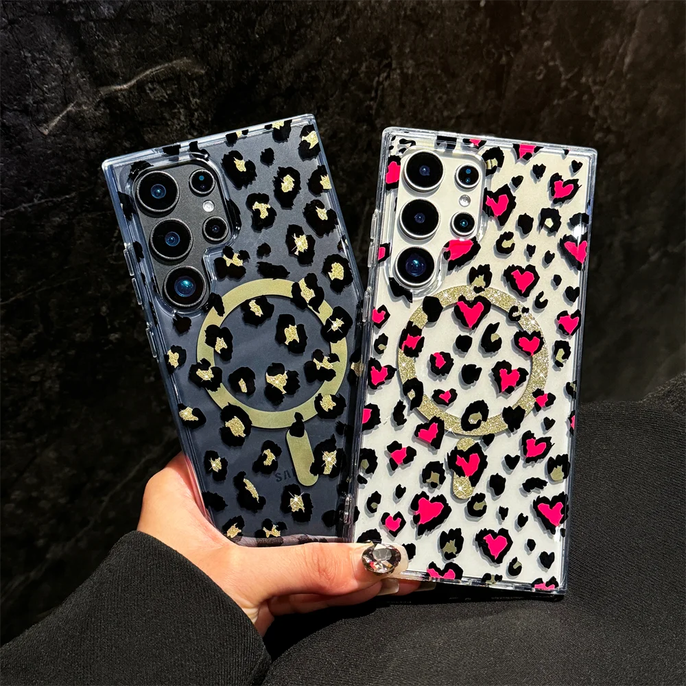 Magsafe Magnetic Slim Heart Shaped Leopard Print Case for Samsung