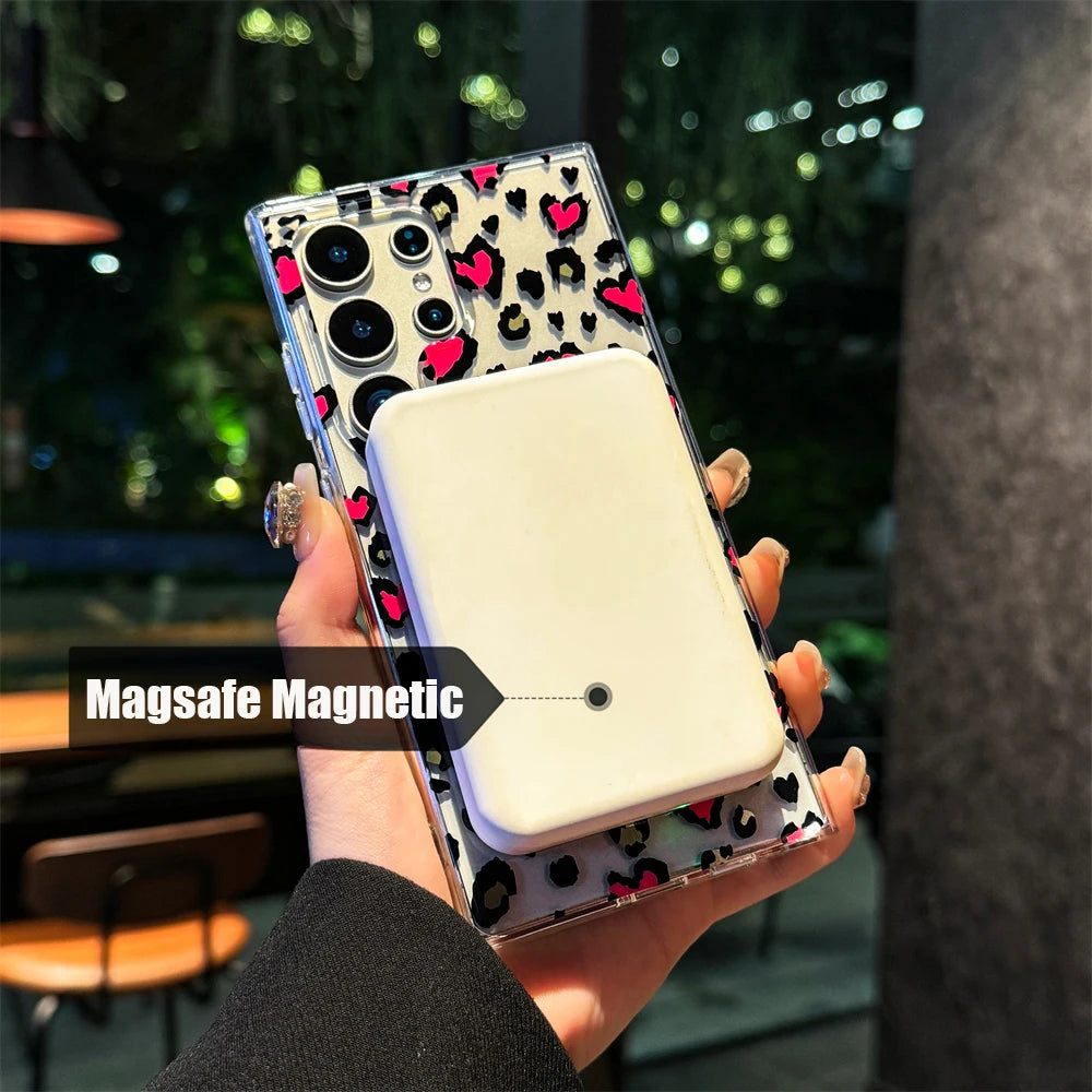 Magsafe Magnetic Slim Heart Shaped Leopard Print Case for Samsung