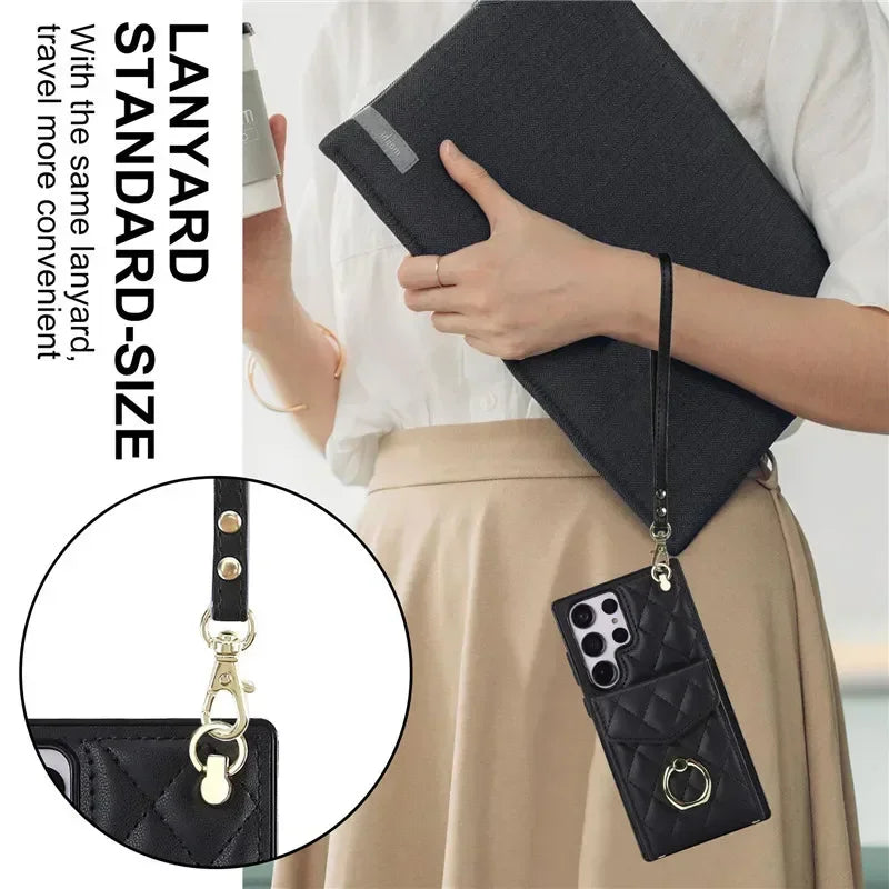 Lanyard Leather Wallet Card Case for Samsung
