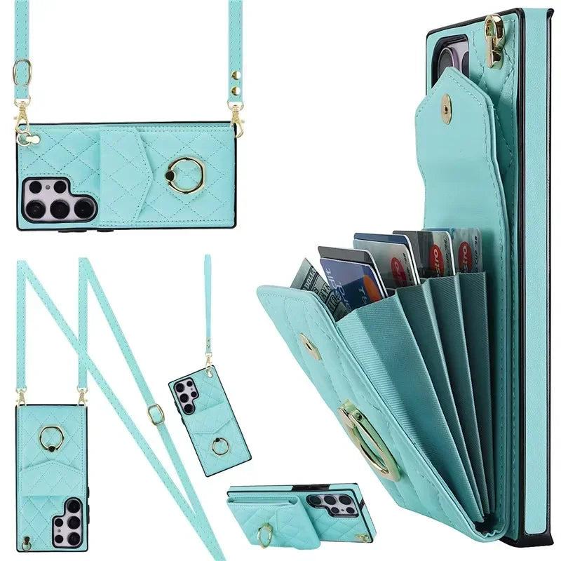 Lanyard Leather Wallet Card Case for Samsung