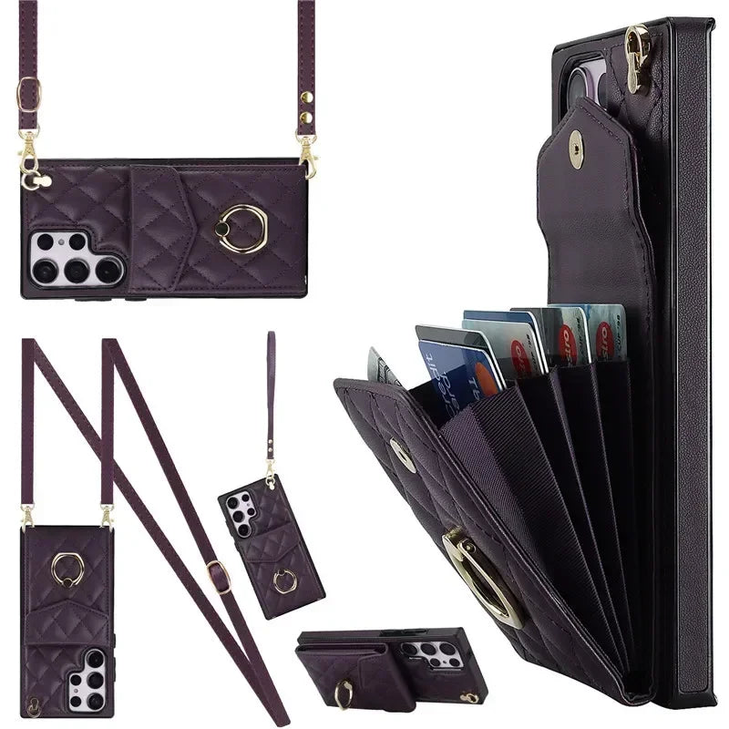 Lanyard Leather Wallet Card Case for Samsung