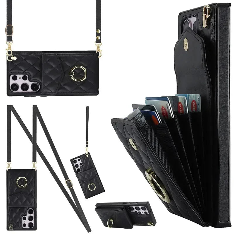 Lanyard Leather Wallet Card Case for Samsung