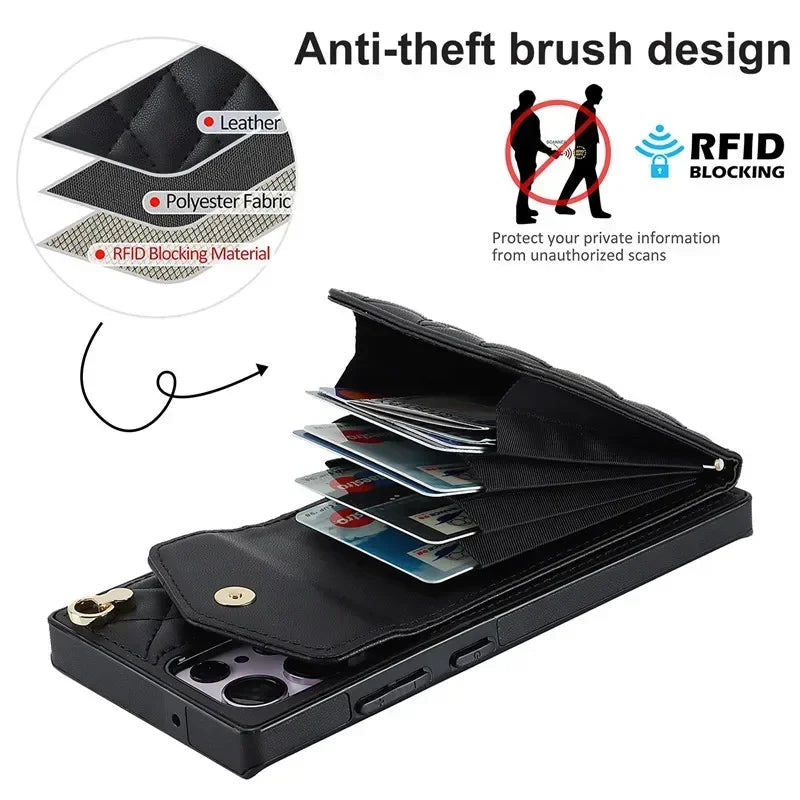 Lanyard Leather Wallet Card Case for Samsung