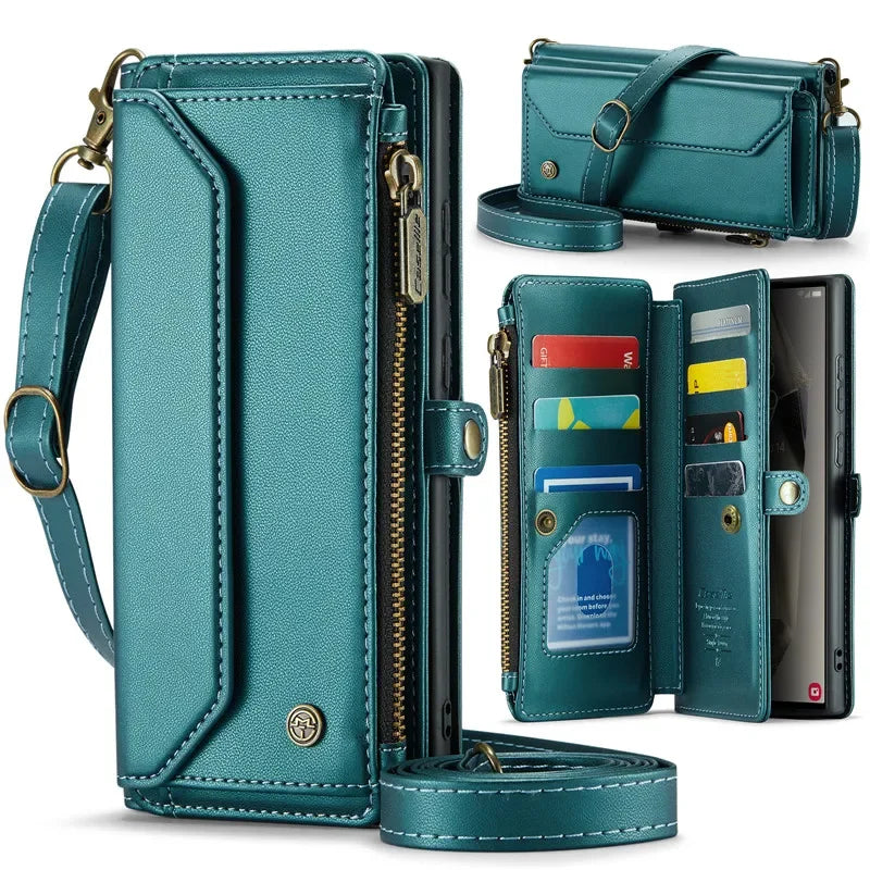 Lanyard Leather Zip Wallet Card Phone Case For Samsung