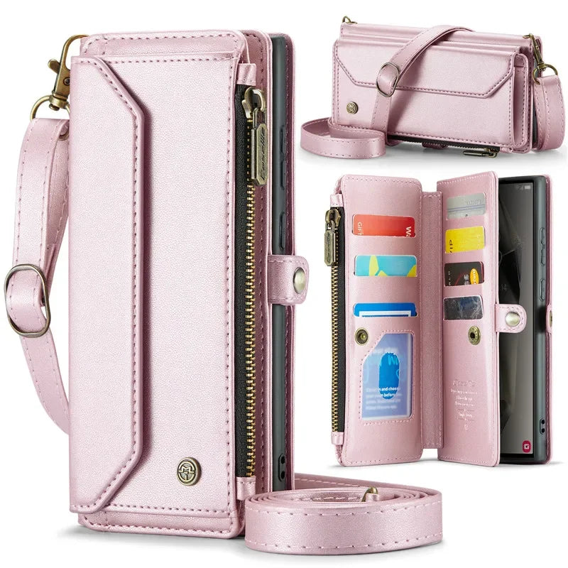Lanyard Leather Zip Wallet Card Phone Case For Samsung