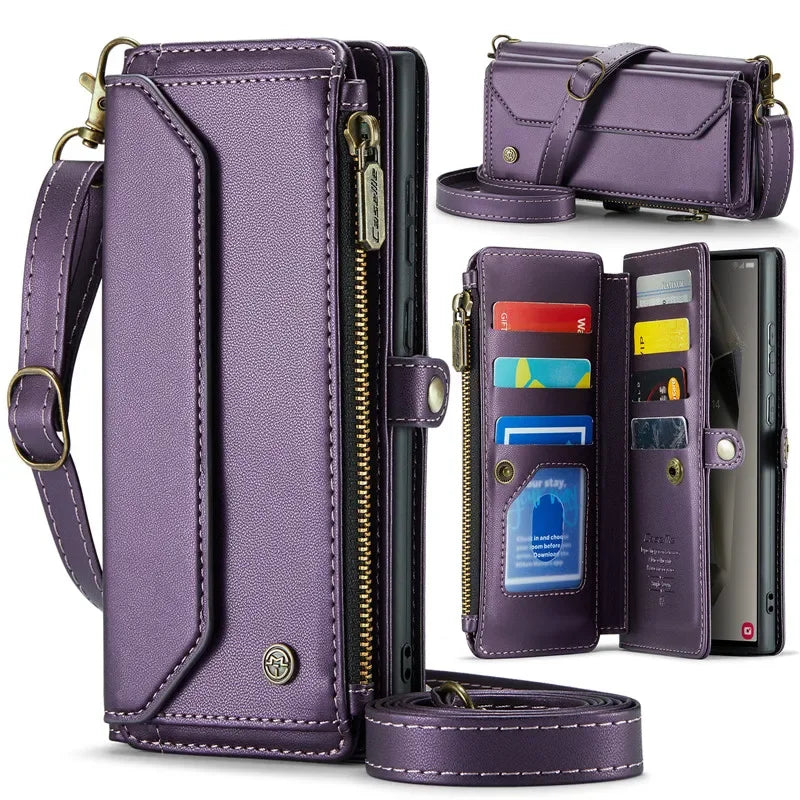Lanyard Leather Zip Wallet Card Phone Case For Samsung