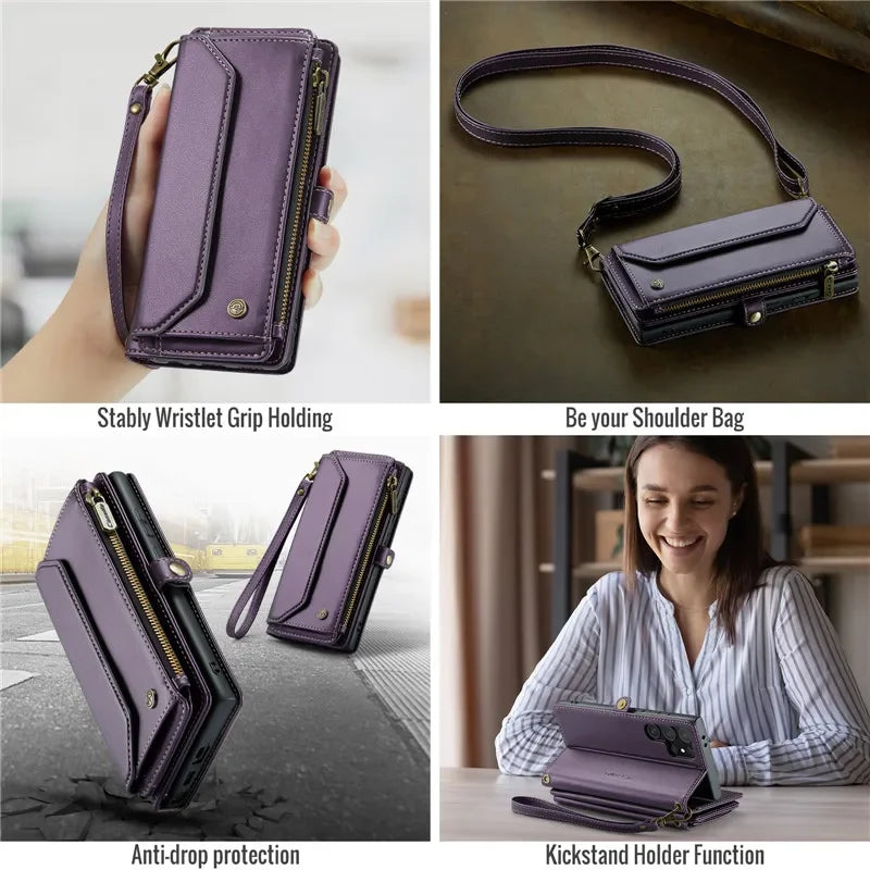 Lanyard Leather Zip Wallet Card Phone Case For Samsung