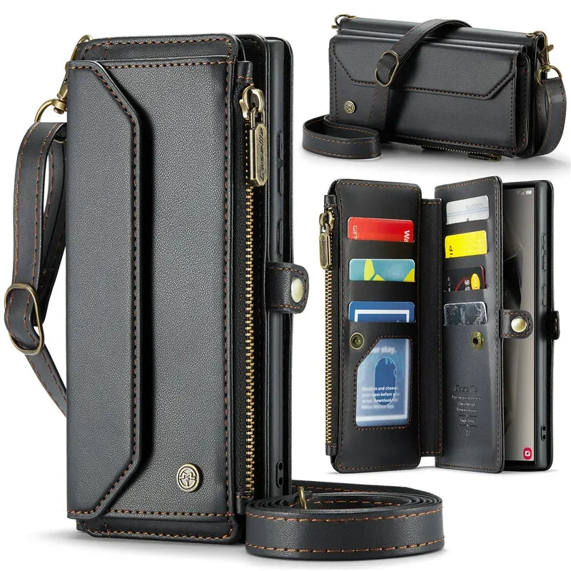 Lanyard Leather Zip Wallet Card Phone Case For Samsung