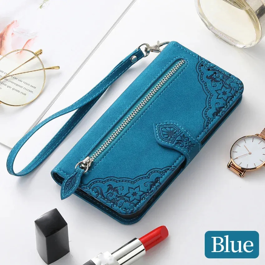 Leather Zipper Flip Card Slot  Wallet Case For Samsung