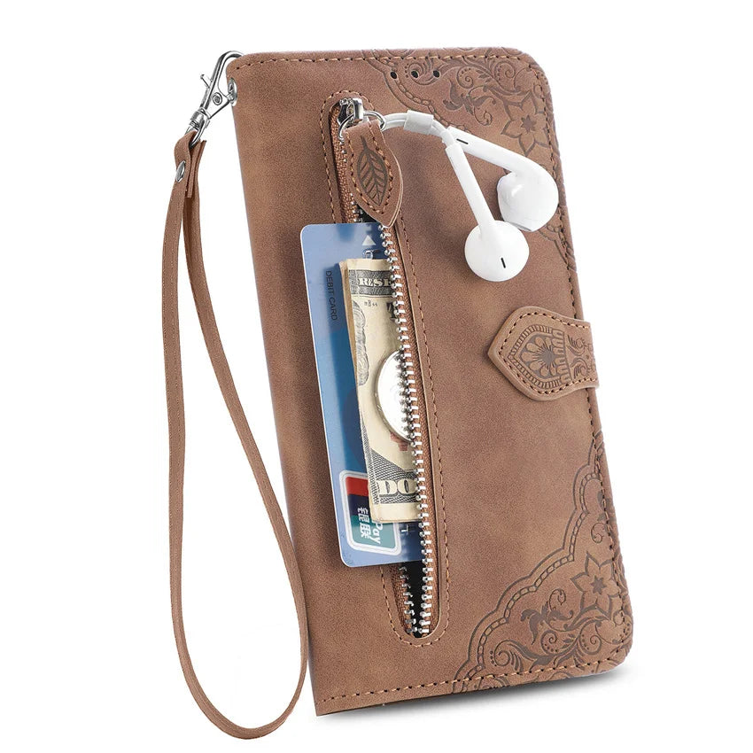 Leather Zipper Flip Card Slot  Wallet Case For Samsung