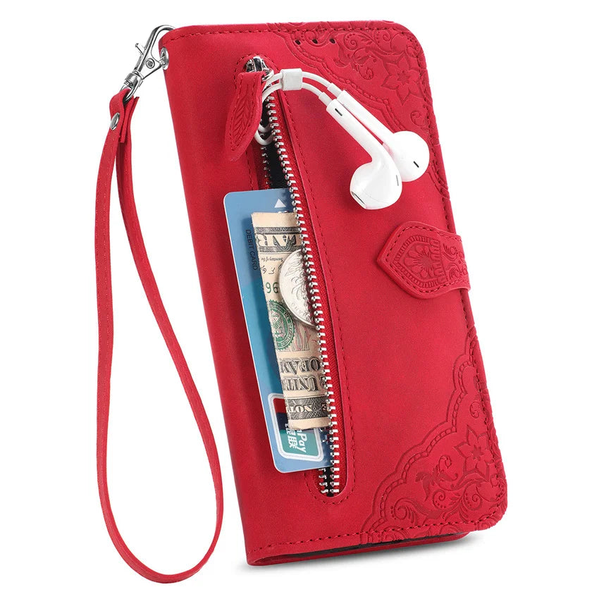 Leather Zipper Flip Card Slot  Wallet Case For Samsung