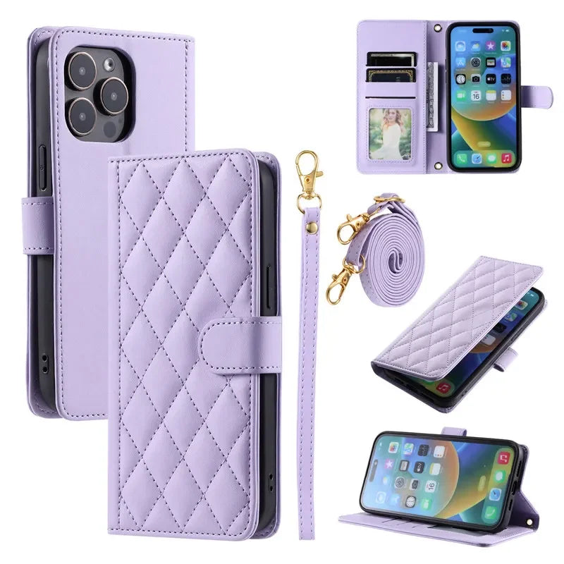 Long Lanyard Leather Wallet Card Phone Case for iPhone
