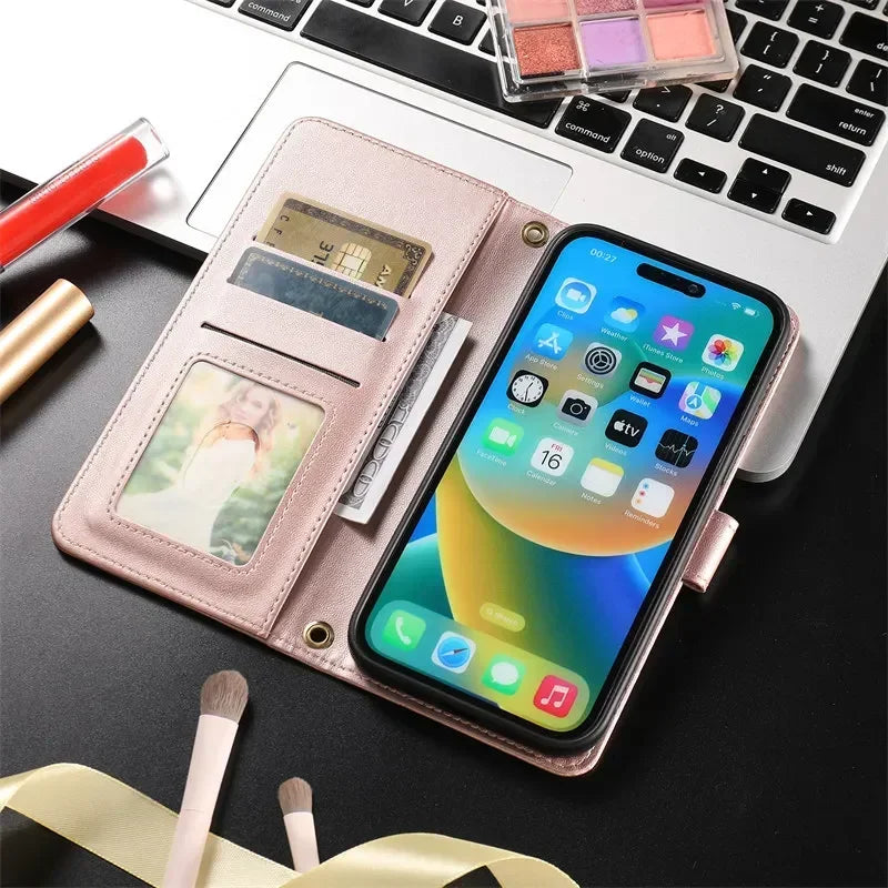 Long Lanyard Leather Wallet Card Phone Case for iPhone