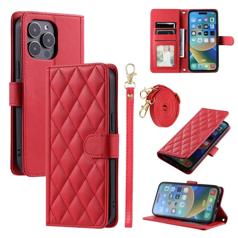 Long Lanyard Leather Wallet Card Phone Case for iPhone