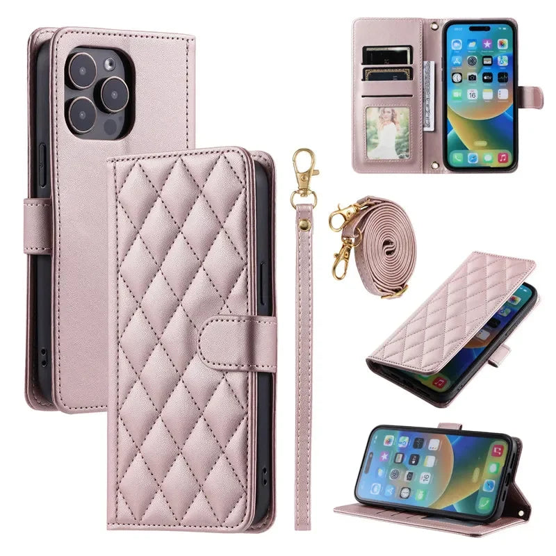 Long Lanyard Leather Wallet Card Phone Case for iPhone