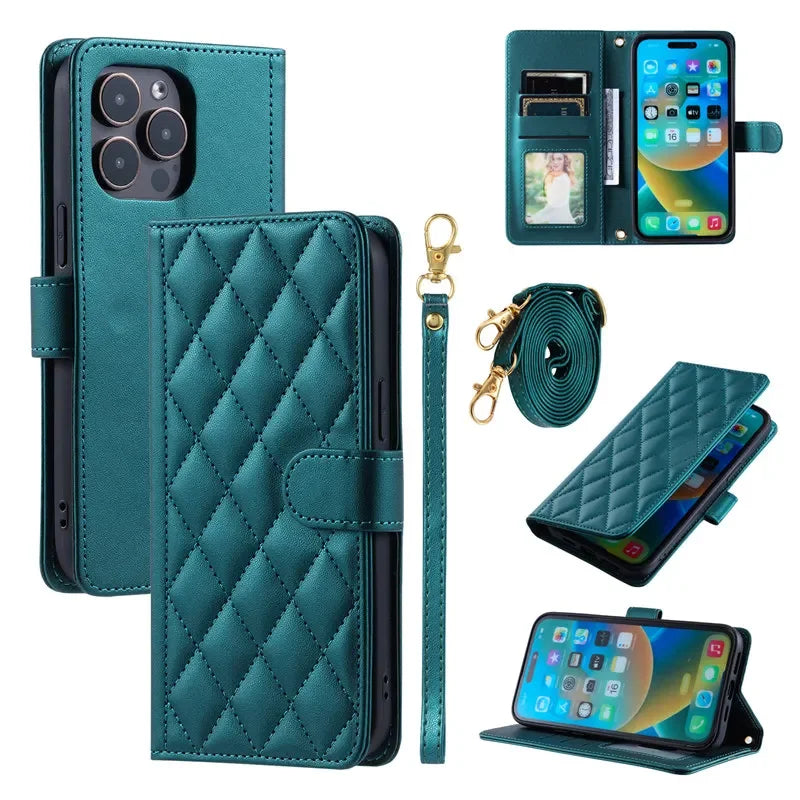 Long Lanyard Leather Wallet Card Phone Case for iPhone