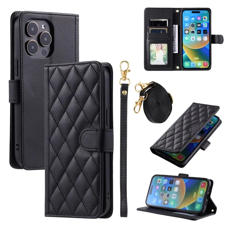 Long Lanyard Leather Wallet Card Phone Case for iPhone