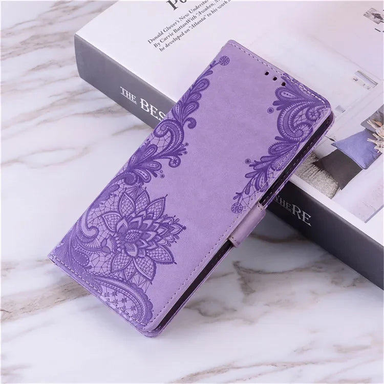 Luxury Lace Embossed Flip Leather Wallet Case For Samsung