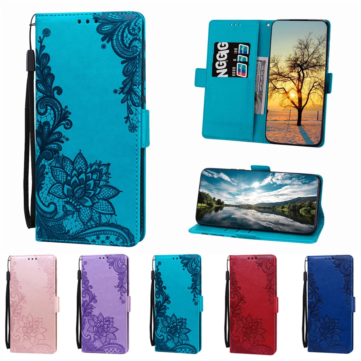 Luxury Lace Embossed Flip Leather Wallet Case For Samsung