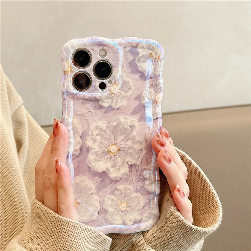 Twisted edge oil painting flower silicone shockproof case for iPhone