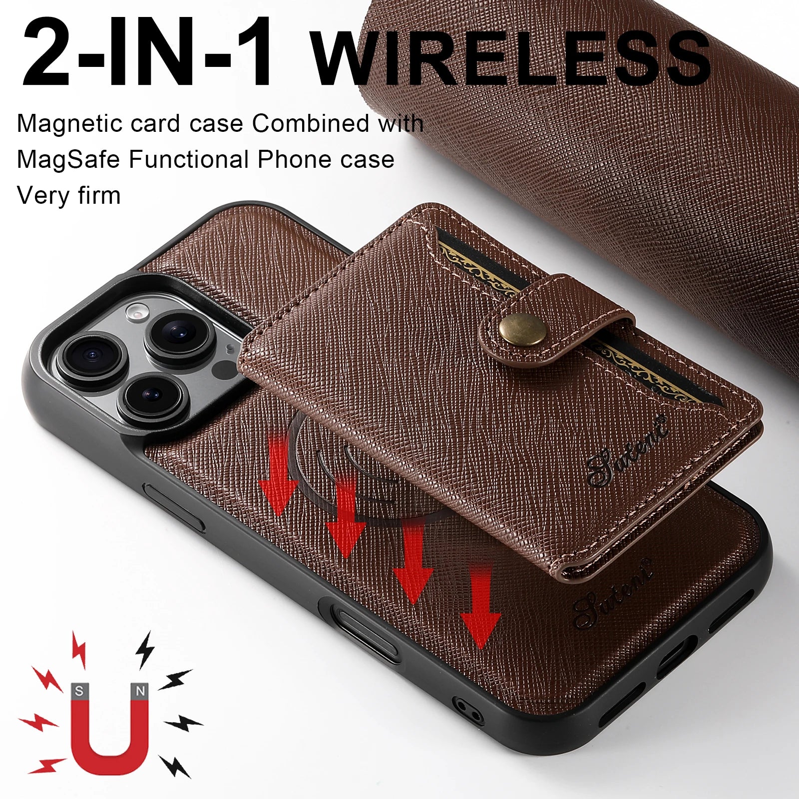 2-in-1 Card Holder  Leather Wallet Case Support Wireless Charging for iPhone