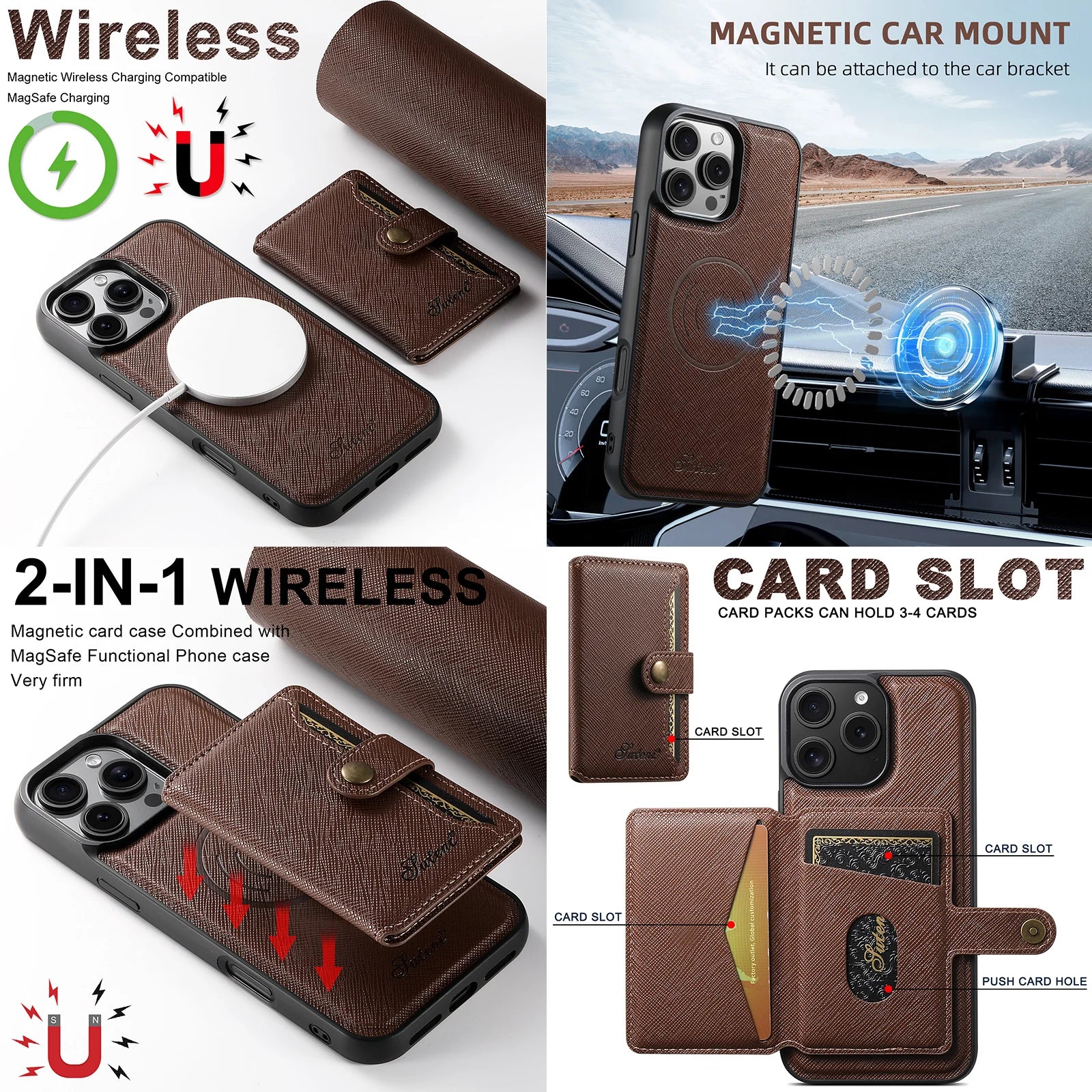 2-in-1 Card Holder  Leather Wallet Case Support Wireless Charging for iPhone