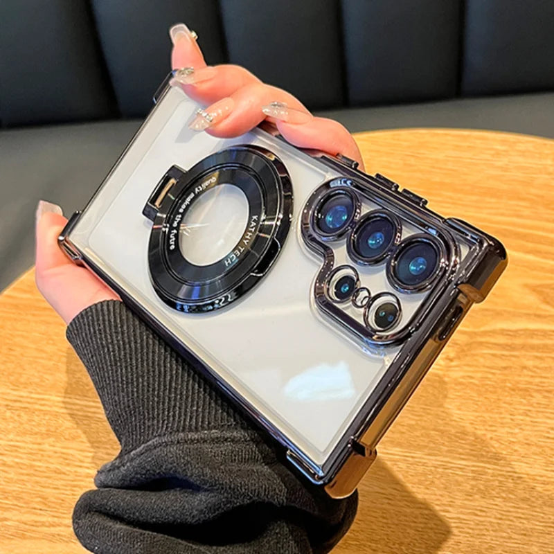 Magnetic Plating Stand Shockproof Clear Case For Samsung