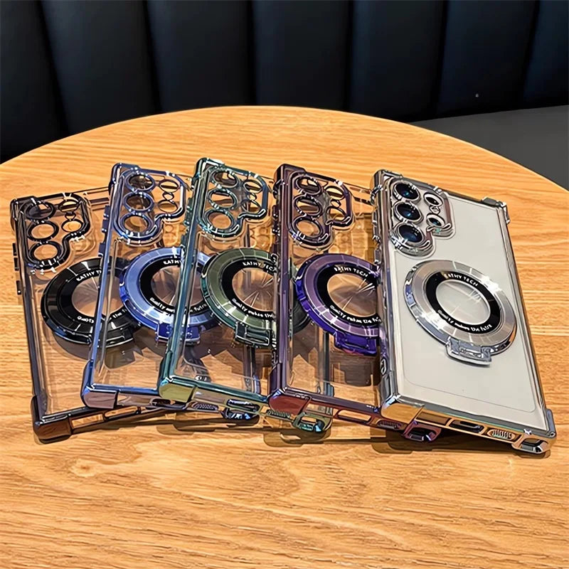 Magnetic Plating Stand Shockproof Clear Case For Samsung